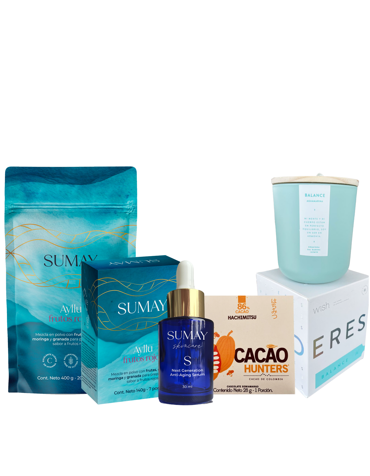 Cofre Bienestar Total: Doypack 400gr + Caja x 7 sachets + S Serum + Vela + Chocolate