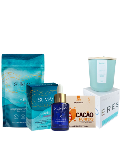 Cofre Bienestar Total: Doypack 400gr + Caja x 7 sachets + S Serum + Vela + Chocolate